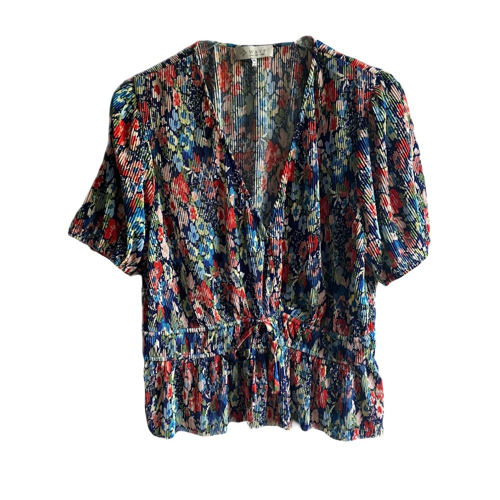 Wayf Floral Wrap Front Accordion Pleated Blouse Size XL Ruffled Top Tie Waist